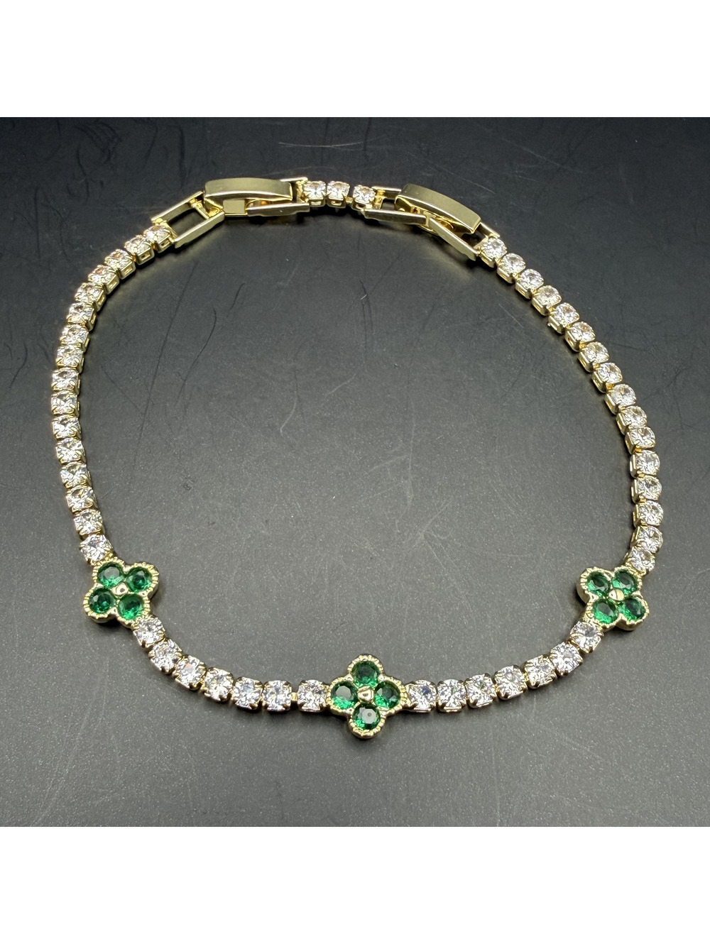 candy+clover green clover crystal gold tone tennis bracelet